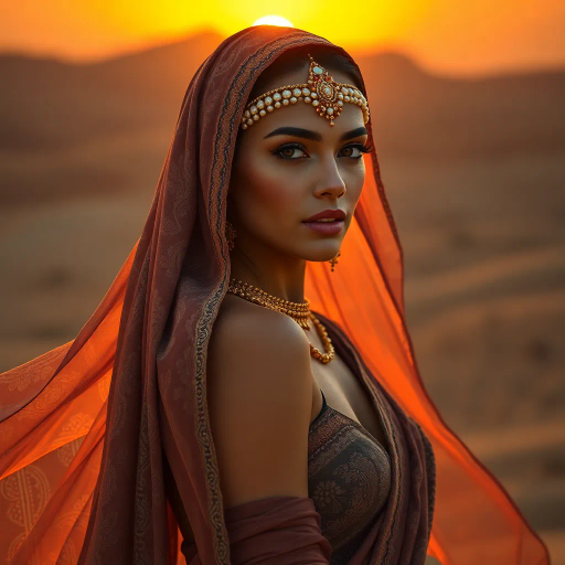 graceful Arab woman, intricate patterns, sensual allure, warm sunset lighting, flowing fabrics, exotic elegance, captivating gaze, Middle Eastern influences, vibrant color palette, delicate textures, Henri Matisse inspiration, Art Nouveau curves, alluring symmetry, cultural richness, gold embellishments, dynamic movement, harmonious composition, timeless beauty, seductive mystery, intricate ornamentation, enchanting atmosphere