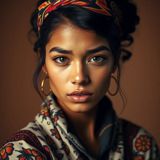 captivating, contemporary, portrait, youthful essence, Latino heritage, vibrant skin tones, Diego Rivera influences, modern allure, soft chiaroscuro lighting, dynamic pose, ethnic textures, cultural depth, intricate details, warm color palette, emotive expression, fashion-forward attire, elegance in simplicity, organic forms, subtle symbolism, digital canvas, exquisite framing, forward-looking gaze, harmonious composition, fusion of tradition and modernity, artistic intent of empowerment