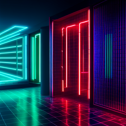 retro-futuristic, neon-lit, arcade, video-games, generative-art, electric sparks, cyberpunk, dystopian, glitch-aesthetic, vectors, motion-blur, neon-signs, pixelated, geometric shapes, 80s, arcade machines, plasma screens, sci-fi, cybernetics