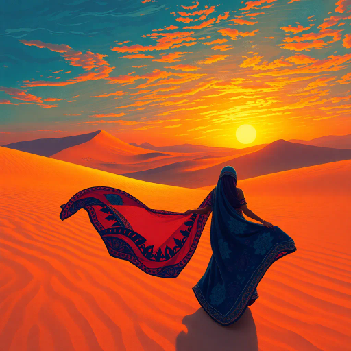 Arabian nights, serene desert landscape, flowing fabrics, intricate patterns, vibrant colors, Henri Matisse, exotic allure, golden hues, cultural richness, evening glow, soft sand textures, romanticism, graceful movement, delicate jewelry, mysterious atmosphere, warm tones, creative expression, dreamlike narrative, enchanting beauty, rich tapestry