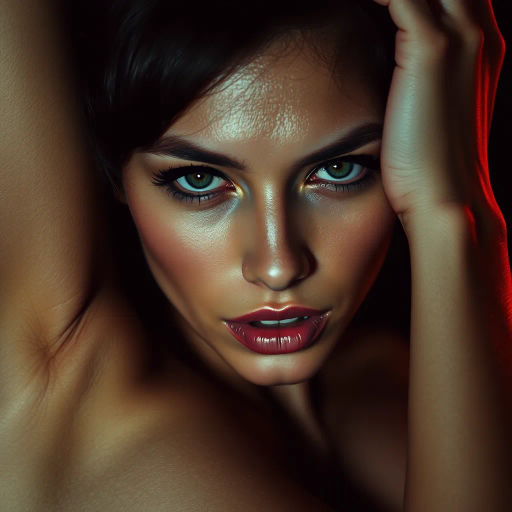 realism, human form, intimacy, provocative allure, Marilyn Minter, chiaroscuro lighting, contemporary sensibilities, bold composition, vivid tones, soft textures, digital photography, intimate portraiture, sensual curves, emotive gaze, modern glamor, subtle contours, cultural commentary, lush aesthetics, explicit details, artistic expression, raw beauty, personal identity, dynamic framing, glamor photography, evocative presence, complex emotion, depth of field, figurative artwork, visual narrative, layered meaning, high fidelity, candid moment