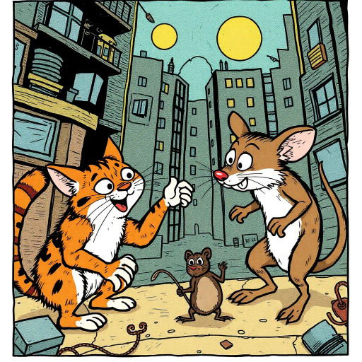 whimsical tale, feline protagonist, rodent antagonist, Art Spiegelman, playful conflict, dynamic composition, vibrant colors, bold outlines, narrative storytelling, graphic novel style, expressive characters, adventure, mischief, urban landscape, intricate details, engaging narrative, interaction, movement, light-hearted, humor, exaggerated expressions, daring escapades, cultural folklore, friendship, rivalry, textured shading, comic strips, visual humor, animated scene