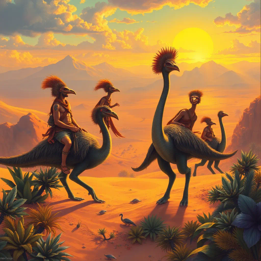 ancient warriors, clad in animal skins, riding dinosaur-like cassowaries, oasis setting, expansive desert horizon, dramatic lighting, vibrant colors, Jean Giraud influence, Maurice Sendak, surreal landscape, imaginative mythological narrative, Maxfield Parrish, prehistoric atmosphere, dynamic composition, whimsical elements, cinematic scale, exotic flora, mystical aura, primal energy, textured surfaces, Frank Frazetta influences, untamed wilderness, adventurous spirit, fantasical creatures, expressive brushstrokes, cultural symbolism, storytelling composition, surreal dreamscapes, lavish details, ethereal glow, National Geographic awe, tribal culture, nomadic spirit, sweeping panorama, epic storytelling, mystical ambiance, Salvador Dali surrealism, dreamlike atmosphere