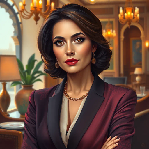 Arab, professional, business attire, elegance, sophistication, vibrant lighting, modern office, dynamic composition, rich details, Middle Eastern cultural elements, reflective surfaces, chiaroscuro, confident pose, realistic skin tones, emotional depth, warm color palette, depth of field, intricate patterns, luxurious textures, professional environment, empowerment, graceful silhouette, contemporary setting, harmonious balance, movement captured, modern-day scenario, poised and composed, intellectual atmosphere