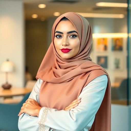 Arab woman, elegant hijab, modern workplace, professional setting, dynamic pose, cultural expression, sophisticated fashion, Middle Eastern culture, intricate patterns, vibrant colors, soft lighting, confident demeanor, grace and poise, diverse representation, cultural fusion, empowerment, contemporary art, delicate fabrics, Impressionism influences, human form, balance and harmony, office environment, modernism, Henri Matisse, modernist lighting, intricate designs, fusion of traditional and modern, expression of identity, elegance and strength