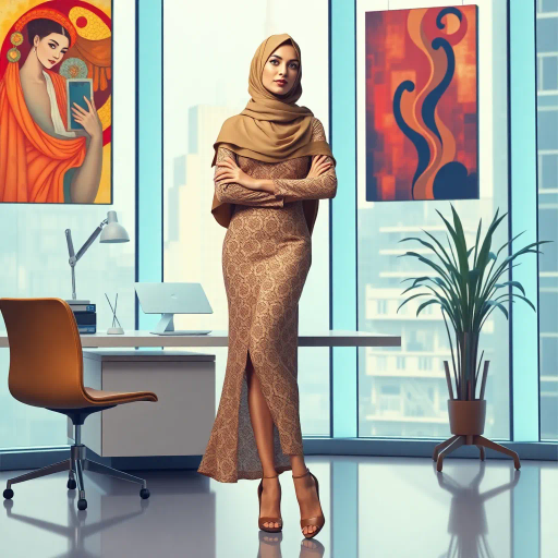 elegant Arab woman, professional attire, hijab, modern workplace, high heels, contrasting cultural fusion, vibrant Middle Eastern influences, contemporary art style, dynamic composition, intricate patterns, vibrant color palette, soft ambient lighting, dynamic posing, cultural expression, delicate textiles, confident and empowering presence, grace, poise, diverse representation, fusion of modern and traditional elements, Impressionism influences, human form depiction, advanced digital techniques, refined textures, bold symbolism, artistic influences, balance, harmony, surreal lighting, empowered femininity, Gustav Klimt inspiration, Art Nouveau elegance, intricate detailing, cultural narrative, sophisticated sophistication, modernism, representation and empowerment