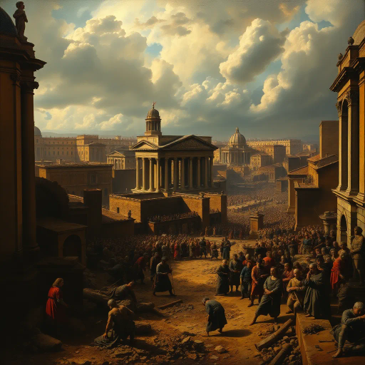 Visigoths, ancient Rome, chaotic cityscape, dramatic lighting, chiaroscuro, tumultuous emotions, historical drama, vivid storytelling, Alaric I, dark, somber tones, rubble and ruins, intricate detail, historical textiles, Renaissance influence, dynamic composition, expressive brushwork, historical artifacts, cultural collision, atmospheric tension, turbulent skies, Baroque intensity, rich textures, epic scale, classical architecture, aura of desolation, historical narrative, monumental scale, layers of history, pathos and loss