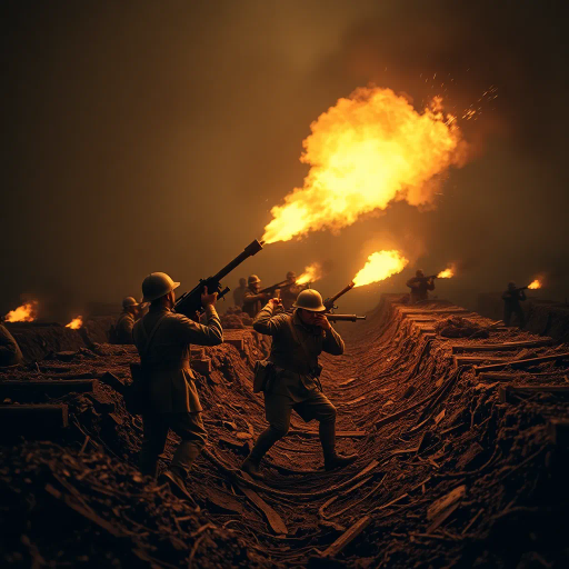 World War I, flamethrower, battlefield, trench warfare, historical drama, dramatic lighting, intense emotion, chaos, Olivier Grediere, expressionism, vintage sepia tones, smoke and fire, intricate detail, dynamic movement, historical accuracy, period clothing, soldiers, combat, bravery, fear, cultural impact, early 20th century, realistic textures, cinematic framing, atmospheric perspective, muted colors, artistic intent, storytelling