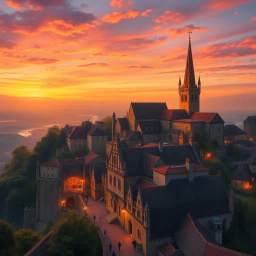 medieval cityscape, glowing twilight, perched on hilltop, vibrant colors, Claude Lorrain influence, golden hour lighting, ethereal atmosphere, lush landscapes, towering spires, intricate architecture, cobblestone streets, panoramic views, sweeping vistas, rich texture, romanticism, detailed engravings, enchanting aura, timeless beauty, serene ambiance, historical roots, narrative storytelling, mystical realm, elevated perspective, imaginative vision, atmospheric depth, warm glow, historical narrative, Baroque influence, intricate detailing, storytelling elements, dreamlike quality