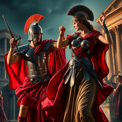 Visigothic warrior, Roman lady, Sack of Rome 410CE, epic historical scene, dramatic lighting, chiaroscuro, intricate armor details, flowing Roman garments, realism, dynamic composition, intense mood, historical figures, late antiquity, turbulent atmosphere, powerful symbolism, conflict and culture clash, intense emotions, classical architecture, ruin and decay, grand scale, meticulous textures, tension and movement, aged patina, historical authenticity, evocative storytelling, warriors in action, contrast and harmony, rich color palette, accurate period costumes