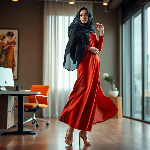 elegant Arab lady, wearing a hijab, professional setting, modern office, sophisticated heels, intricate details, inspired by Gustav Klimt, contemporary Middle Eastern art, vibrant colors, chiaroscuro lighting, dynamic composition, cultural symbolism, graceful movement, warm color palette, 21st-century workspace, empowering presence, sleek textures, harmonious balance, nuanced expressions, artistic storytelling, influenced by Islamic art, intricate patterns, blending tradition and modernity