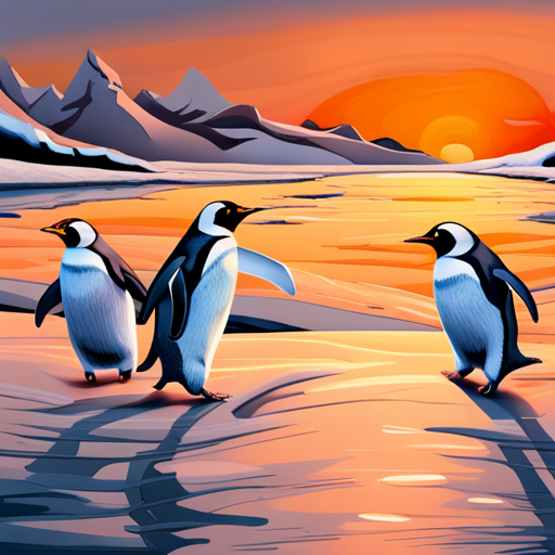 a playful, spirited scene depicting a group of penguins joyfully sliding across a chilly landscape, with a focus on the soft, fluffy texture of the snow beneath them, contrasted with the sleek, streamlined curves of their bodies. The icy blue and white tones of the environment are punctuated by bright pops of orange and yellow, bringing additional warmth and energy to the overall mood. The composition is dynamic and energetic, with a sense of movement and playfulness conveyed through the use of curved and diagonal lines. Influences include children's book illustrations and Japanese woodblock prints, giving the piece a whimsical yet refined and detailed quality. 