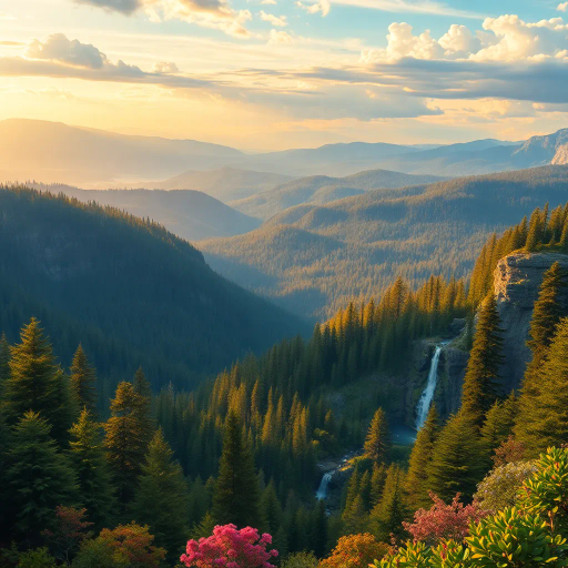 majestic landscapes, pristine wilderness, Ansel Adams, Caspar David Friedrich, expansive horizons, serene forests, vibrant flora, cascading waterfalls, panoramic views, ethereal lighting, atmospheric perspective, impressionistic brushwork, harmonious colors, idyllic scenes, grand scale, immersive atmosphere, dramatic vistas, golden-hour lighting, rich textures, sublime beauty, vibrant foliage, rugged terrain, ecological diversity, tranquil ambiance, breathtaking vistas, intricate details, luminous atmosphere, nature's grandeur, untouched beauty, American Romanticism, visual poetry, dynamic compositions, serene tranquility