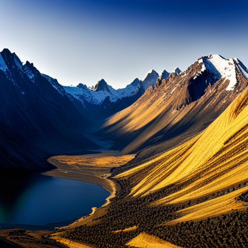 majestic peaks, vast valleys, rocky terrain, natural beauty, snow-capped, rugged cliffs, breathtaking views, atmospheric perspective, serene lakes, crisp air, golden sunlight, dynamic lighting, jagged ridges, panoramic vistas