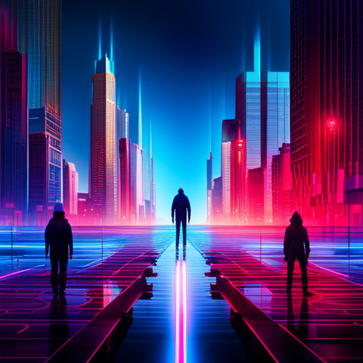 neon colors, glitchy lines, dystopian landscapes, cybernetic implants, artificial intelligence, futuristic cities, binary code, luminous shapes