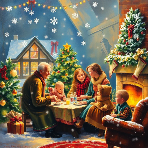winter, holiday, festivity, joy, classic, Norman Rockwell, warm lighting, vibrant colors, oil painting, traditional, snowflakes, cozy atmosphere, family gathering, Christmas tree, twinkling lights, nostalgic, serene, impressionism, joyful emotion, ornamentation, detailed textures, harmonious composition, brushstroke, cultural heritage, celebration, seasonal, timeless, whimsical