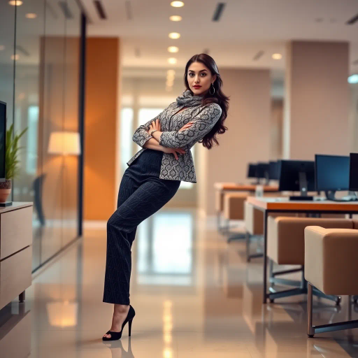 Arab woman, elegant hijab, professional setting, modern workplace, high heels, Middle Eastern culture, contemporary art, intricate patterns, vibrant colors, soft lighting, dynamic pose, cultural expression, delicate fabrics, office environment, confident demeanor, sophisticated fashion, grace and poise, diverse representation, cultural fusion, empowerment, modernism, Impressionism influences, human form, balance and harmony, Jean-Michel Basquiat inspiration, vibrant brushstrokes, Henri Matisse color palette, delicate textures, fluid movement, artistic elegance, cultural symbolism, refined composition, elegance and sophistication, bold patterns