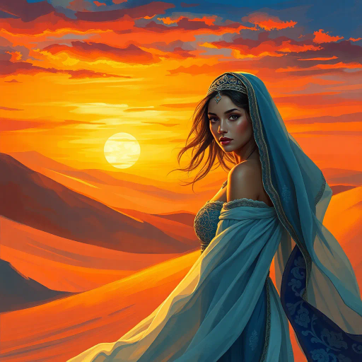 Middle Eastern allure, Arabian nights, enigmatic beauty, sensual elegance, vibrant sunsets, exotic landscapes, flowing fabrics, intricate patterns, warm desert tones, impressionistic brushstrokes, captivating gaze, luminous skin, fashion illustration, emotional depth, delicate movements, shimmering sands, cultural symbolism, evening glow, radiant warmth, alluring mystery, colorful mosaics, dynamic composition, rich textures, Henri Matisse inspiration, contemporary vision, seductive charm, windswept elegance