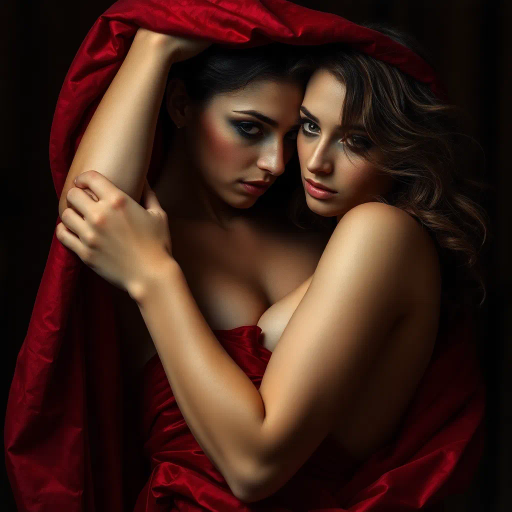 sensual elegance, provocative allure, Caravaggio influences, chiaroscuro lighting, intimate gaze, flowing fabric, deep crimson tones, baroque drama, luxurious textures, soft focus, ethereal glow, seductive atmosphere, artistic expression, passionate composition, Renaissance inspiration, tantalizing details, emotional depth, warm and inviting, classical sensuality
