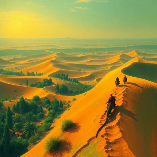 lush oasis, endless desert, towering sand dunes, men riding colossal lizards, nomadic journey, mystical landscape, vibrant greens and deep ochres, intricate patterns, ethereal light, Salvador Dalí surrealism, impressionistic brushstrokes, ancient mythologies, Lawrence of Arabia, cinematic scope, dramatic shadows, dreamlike serenity, sense of wonder, evocative textures, timeless horizon, grand adventure, eastern influences, dynamic movement, imaginative storytelling, endless sky, golden hour hue, sense of freedom, escapism