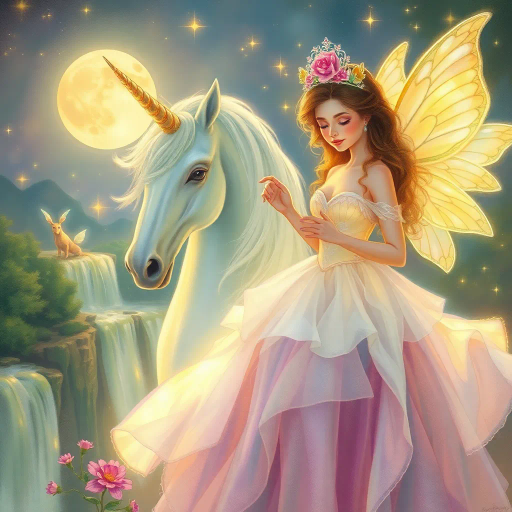 unicorn, ethereal fairies, princess, mythical creatures, enchanting, luminous glow, detailed illustration, magical realism, vibrant pastel colors, whimsical landscapes, dreamlike, romantic, soft brush strokes, luminescent wings, flowing gowns, stardust, Arthur Rackham, delicate features, moonlit scenery, shimmering waterfalls, storybook charm, ethereal beauty, celestial aura, timeless fantasy, fairytale whimsy, iridescent tones, enchanting realm, mystical ambiance, enchanted forest