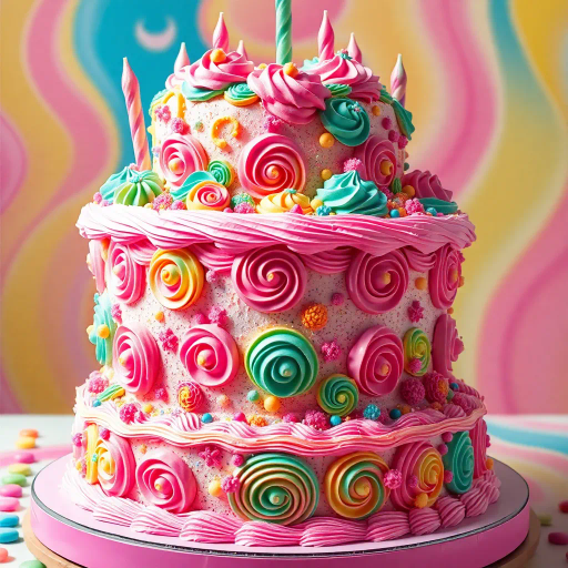 extravagant birthday cake, vibrant colors, surrealism, intricate icing designs, hyper-realistic textures, inspired by Wayne Thiebaud, whimsical composition, pastel shades, playful mood, elaborate decorations, contemporary flair, festive elements, layered perspectives, bold shapes, dynamic celebration, candy-colored palette, artistic celebration, decorative flourishes, imaginative presentation