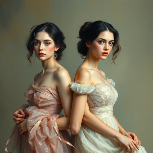 elegant femmes, graceful posture, intricate fashion, ethereal beauty, soft lighting, romantic era, impressionistic brushstrokes, pastel hues, delicate textures, feminine elegance, serene expressions, renaissance influences, flowing fabrics, atmospheric composition, refined aesthetics, timeless allure, enchanting aura, subtle movement, classical themes, digital mastery, artistic sophistication, luminous glow, emotive storytelling, dreamlike quality, historical fusion, aesthetic harmony, Jean-Auguste-Dominique Ingres inspiration, chiaroscuro technique