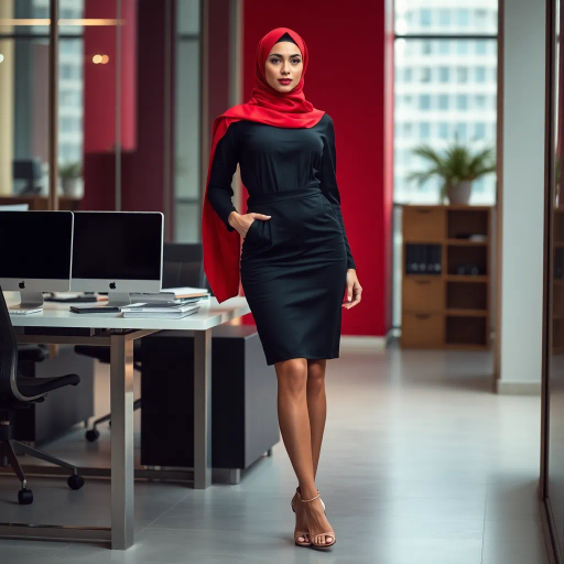 elegant Arab woman, professional attire, hijab, modern workplace, high heels, contrasting cultural fusion, vibrant Middle Eastern influences, contemporary art style, dynamic composition, intricate patterns, vibrant color palette, soft ambient lighting, dynamic posing, cultural expression, delicate textiles, confident and empowering presence, grace, poise, diverse representation, fusion of modern and traditional elements, Impressionism influences, human form depiction, advanced digital techniques, refined textures, bold symbolism, artistic influences, balance, harmony, surreal lighting, empowered femininity, Gustav Klimt inspiration, Art Nouveau elegance, intricate detailing, cultural narrative, sophisticated sophistication, modernism, representation and empowerment