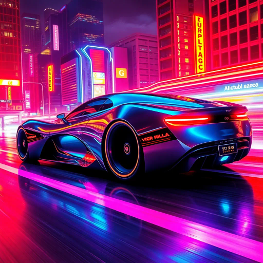 futuristic automobile design, Syd Mead, H.R. Giger, cybernetic and synthwave aesthetics, vibrant neon colors and lighting, dynamic movement and angles, high contrast shadows, aerodynamic curves, metallic and glossy textures, immersive depth, avant-garde innovation, urban landscape and dystopian city backdrop, night setting, bold and vibrant color palette, kinetic energy, science fiction and cyberpunk influences, seamless integration of technology, expansive and dramatic composition, conceptual elegance, atmospheric glow, chrome reflections, streamlined futuristic design, cultural fusion and technological elegance