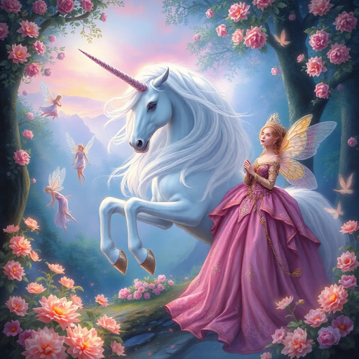 mythical unicorn, enchanting fairies, regal princess, ethereal glow, soft pastels, dreamlike landscape, intricate detail, romanticism, whimsical essence, magical realism, baroque influences, delicate brushstrokes, shimmering textures, enchanted forest, twilight ambiance, ethereal beauty, imaginative composition, vibrant flora, surreal atmosphere, celestial light, fairytale dimension, mythical creatures, gentle aura, serene emotion, opulent attire, mystical symbolism, fantasy narrative, mystical forest, Johan Christian Dahl, ethereal luminosity, dreamy composition, fantasy realism, ethereal palette, celestial landscape