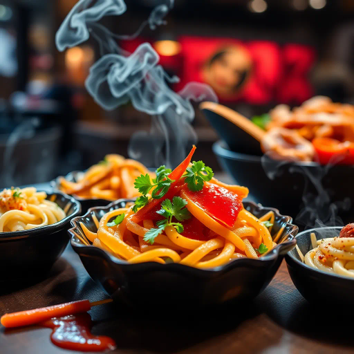 gourmet cuisine, hyper-realistic rendering, vibrant colors, intricate textures, culinary artistry, exquisite detail, contemporary realism, mouth-watering appeal, dynamic composition, soft lighting, rich hues, gastronomic delicacies, camera angle focus, immersive experience, sensory delight, cultural fusion, meticulous craftsmanship, visual feast, modern presentation, appetizing aesthetics