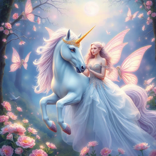 mythical unicorn, enchanting fairies, regal princess, ethereal glow, soft pastels, dreamlike landscape, intricate detail, romanticism, whimsical essence, magical realism, baroque influences, delicate brushstrokes, shimmering textures, enchanted forest, twilight ambiance, ethereal beauty, imaginative composition, vibrant flora, surreal atmosphere, celestial light, fairytale dimension, mythical creatures, gentle aura, serene emotion, opulent attire, mystical symbolism, fantasy narrative