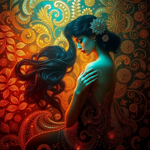 alluring elegance, contemporary fantasy, Gustav Klimt, dramatic lighting, shimmering gold, intricate patterns, ethereal beauty, surreal ambiance, sensual curves, vibrant hues, art nouveau, dreamscape, opulent textures, emotional depth, bold contrast, flowing forms, intimate portrayal, mysterious allure, dynamic composition, timeless enchantment