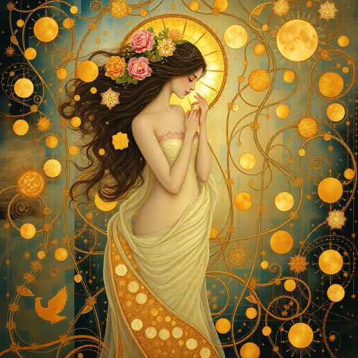 mythical allure, ethereal beauty, Gustav Klimt, fluid elegance, delicate pastels, luminous glow, sensual abstraction, whimsical fantasy, enchanted ambiance, surreal dreamworld, subtle opulence, intricate patterns, evocative shapes, emotional depth, captivating presence, imaginative vision, celestial motifs, mystical symbolism, timeless grace