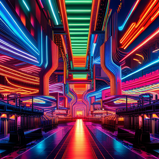 futuristic, artificial intelligence, data visualization, maximalism, neon colors, generative art, technology, complex patterns, glitch art, cyberpunk, machine learning, wires and circuits, abstract expressionism