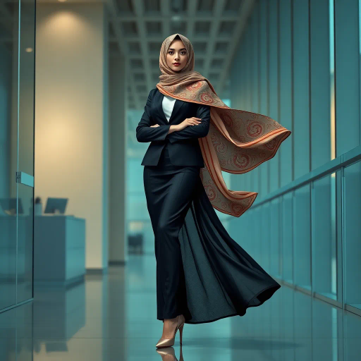 elegant Arab woman, professional attire, hijab, modern workplace, high heels, contrasting cultural fusion, vibrant Middle Eastern influences, contemporary art style, dynamic composition, intricate patterns, vibrant color palette, soft ambient lighting, dynamic posing, cultural expression, delicate textiles, confident and empowering presence, grace, poise, diverse representation, fusion of modern and traditional elements, Impressionism influences, human form depiction, advanced digital techniques, refined textures, bold symbolism, artistic influences, balance, harmony, surreal lighting, empowered femininity, Gustav Klimt inspiration, Art Nouveau elegance, intricate detailing, cultural narrative, sophisticated sophistication, modernism, representation and empowerment