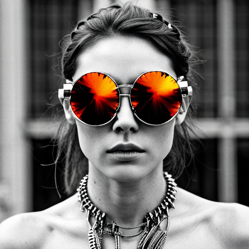 glitchy, neon, cyberpunk, futuristic, augmented reality, metallic accents, sunglasses, Burning Man, retrofuturistic, post-apocalyptic, rave culture, biomechanical, electric, Fire-inspired fashion, Radial symmetry, Burnt orange, UV protection, Industrial chic, Multidimensional shapes, rebellion, sharp edges, chrome accents