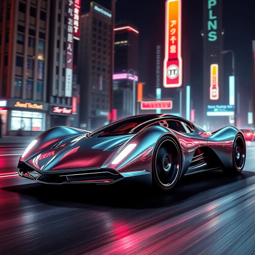 sleek futuristic automobile, Syd Mead and H.R. Giger inspiration, cybernetic aesthetic, dynamic movement, vibrant neon lights, high contrast shadows, aerodynamic curves, metallic and glossy textures, immersive depth, innovative and cutting-edge design, urban dystopian city backdrop, night setting, bold and vibrant color palette, capturing speed and energy, seamless integration, avant-garde, technological elegance, dramatic and dynamic angles, expansive composition, synthwave and cyberpunk influence, atmospheric glow, chrome reflections, streamlined form, retro-futuristic elements, contrast and depth, racing spirit, digital landscape, kinetic energy, enhanced reality, science fiction, conceptual innovation, cultural fusion