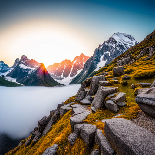 majestic peaks, snow-capped mountains, natural beauty, rocky terrain, breathtaking views, serene sky, misty valleys, evergreen forests, alpine lakes, wilderness adventures