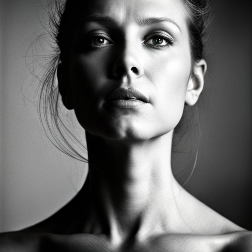 feminine strength, gracefulness, portrait, black and white, soft lighting, emotional expression, beauty, empowerment, contemporary, contrast, delicate features, monochrome, dramatic shadows, timeless elegance, chiaroscuro, Renaissance influence, ethereal mood, fine art, texture, simplicity photographic
