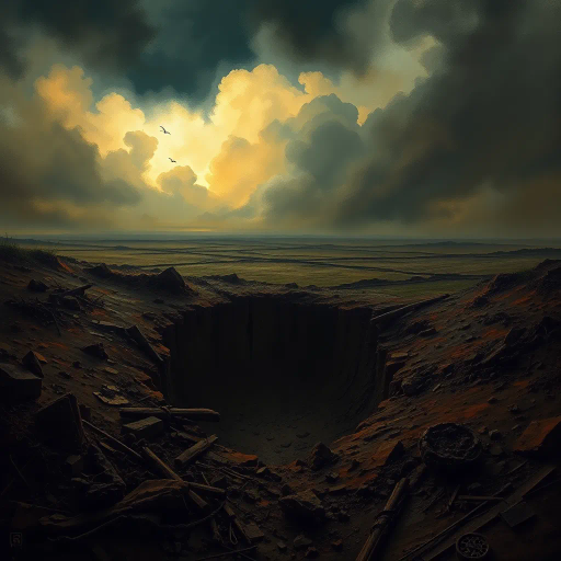 WW1 shell hole, haunting landscape, ruinous earth, trench war remnants, muddy textures, smoke-infused skies, somber atmosphere, historical echoes, dramatic chiaroscuro, war-torn memories, intricate details, Ernst Ludwig Kirchner influence, expressionist undertones, desolate expanse, juxtaposition of life and decay, symbolism of conflict, muted earth tones, organic compositions, narrative storytelling, ethereal light, ominous horizon, atmospheric perspective, reflective surfaces, cultural memory, evocative emotional depth, surreal fantasy, vibrant contrasts, intangible realms, mystical undertones, narrative depth, conceptual vision, allegorical exploration, dreamlike visuals, expansive spatial dynamics, expansive dreamscapes, ghostly silhouettes, phantasmagorical realms, ethereal textures, otherworldly scenarios, enigmatic presence, transcendental contrasts, artistic transformation, emotive resonance