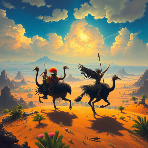 ancient warriors, cassowary riders, epic oasis landscape, prehistoric desert horizon, dramatic lighting, vibrant colors, surrealism, Jean Giraud, Maurice Sendak, fantasy world-building, tribal mythology, dynamic movement, whimsical creatures, lavish detailing, Frank Frazetta, Maxfield Parrish, cinematic composition, primal energy, mystical ambiance, expansive panoramic view, adventurous spirit, dreamlike exploration, ethereal atmosphere, cultural symbolism, imaginative realism, prehistoric narrative, exotic wildlife, mythological adventure, expressive textures, enchanted oasis