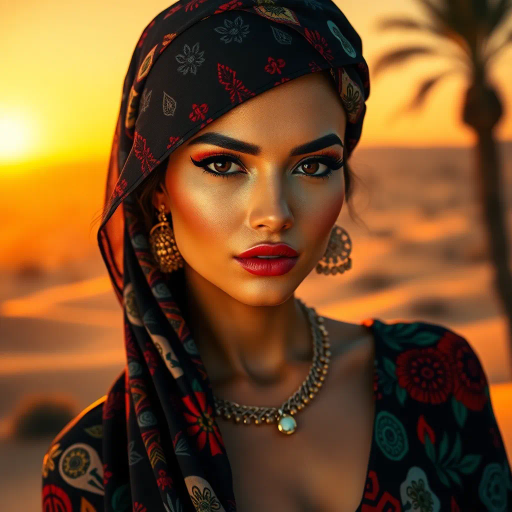 Arab beauty, modern elegance, desert oasis backdrop, golden hour lighting, vibrant colors, Henri Matisse inspiration, Yves Saint Laurent influence, exotic allure, cultural richness, intricate patterns, flowing lines, harmonious composition, romantic ambiance, visual poetry, timeless grace, seductive composition, ethereal mood, desert mirage, artistic flair, Middle Eastern motifs, chiaroscuro lighting, luxurious textures, feminine power, refined grace, captivating portraits, dynamic perspective, contemporary realism, nuanced textures, textured contrast, artistic serenity, stylish composition