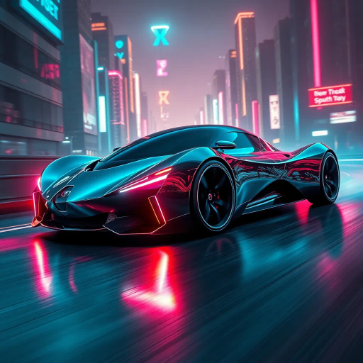 sleek futuristic automobile, Syd Mead inspiration, cybernetic aesthetic, dynamic movement, vibrant neon lights, high contrast shadows, aerodynamic curves, metallic and glossy textures, immersive depth, innovative design, urban landscape backdrop, night setting, bold color palette, capturing speed and energy, seamless integration, avant-garde, technological elegance, dramatic angles, expansive composition, cyberpunk influence, atmospheric glow, chrome reflections, kinetic energy, science fiction, modern aesthetics, cultural fusion, conceptual innovation, hyper-realistic detailing, illuminated cityscape, art deco influences, digital landscape, visual impact, racing spirit, futuristic design, synthwave and retro-futuristic elements, dramatic lighting, streamlined form, reflections, cutting-edge technology, speed and agility, aesthetic fusion of H.R. Giger