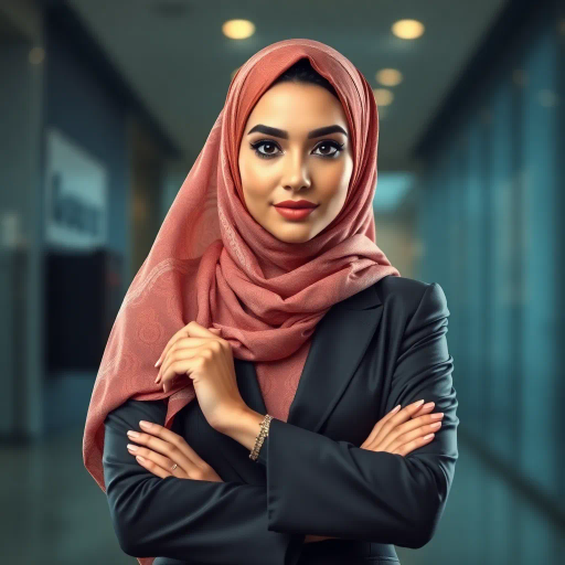 Arab woman, elegant hijab, professional setting, modern workplace, high heels, Middle Eastern culture, contemporary art, intricate patterns, vibrant colors, soft lighting, dynamic pose, cultural expression, delicate fabrics, office environment, confident demeanor, sophisticated fashion, grace and poise, diverse representation, cultural fusion, empowerment, modernism, Impressionism influences, human form, balance and harmony, Jean-Michel Basquiat inspiration, vibrant brushstrokes, Henri Matisse color palette, delicate textures, fluid movement, artistic elegance, cultural symbolism, refined composition, elegance and sophistication, bold patterns