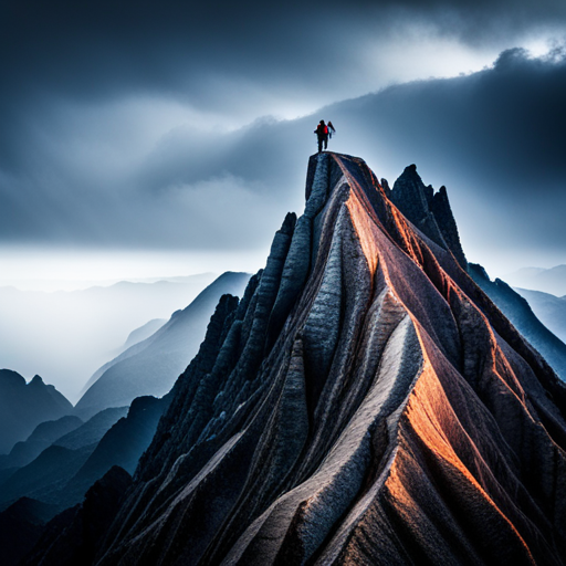 Courageous mountain climbers scaling steep rocky peaks, battling harsh weather and extreme conditions amidst the serene yet forbidding craggy landscape below, captured in an adrenaline-fueled action shot with dynamic angles and contrasting lighting that showcase the dramatic textures and colors of the rugged terrain