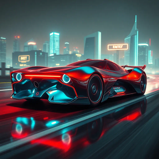 futuristic automobile, Syd Mead, H.R. Giger, cybernetic aesthetic, dynamic movement, vibrant neon lights, high contrast shadows, aerodynamic curves, metallic and glossy textures, immersive depth, innovative design, urban landscape backdrop, night setting, bold color palette, speed and energy, seamless integration, avant-garde, technological elegance, dramatic angles, expansive composition, synthwave influence, cyberpunk, atmospheric glow, reflections, cutting-edge technology, streamlined form, retro-futuristic elements, racing spirit, chrome reflections, kinetic energy, science fiction, enhanced reality, cultural fusion, conceptual innovation