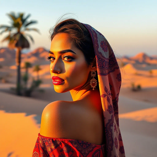 captivating allure, Arab beauty, modern elegance, desert oasis backdrop, golden hour lighting, Henri Matisse influence, vibrant colors, intricate patterns, delicate textures, sun-kissed skin, exotic allure, cultural richness, flowing lines, sensual movement, warm tones, harmonious composition, romantic ambiance, visual poetry, timeless grace, artistic expression, enchanting aura, seductive composition, ethereal mood, desert mirage, exotic elegance, artistic flair, Arabic cultural motifs, contemporary artistry, imaginative storytelling, mystical horizon