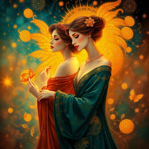 elegant women, ethereal beauty, surreal composition, vibrant colors, intricate details, luminescent glow, Art Nouveau, feminine grace, flowing garments, Gustav Klimt influence, dreamy atmosphere, golden hues, celestial ambiance, whimsical patterns, delicate features, enchanting allure, baroque elements, atmospheric lighting, romantic symbolism, timeless elegance, serene expressions, harmonious balance, abstract forms, sensuality, poetic essence, soft textures, visionary artistry