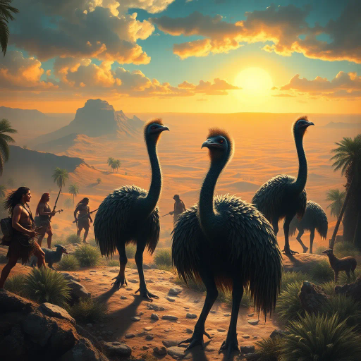 ancient warriors, animal skins, dinosaur-like cassowaries, oasis setting, desert horizon, dramatic lighting, epic scale, vivid colors, mythological narrative, dynamic movement, prehistoric landscape, tribal culture, surreal imagery, panoramic view, mystical aura, primal energy, textured surfaces, cinematic framing, adventurous spirit, exotic flora, atmospheric depth, Jean Giraud, Maurice Sendak, Maxfield Parrish, prehistoric flora, lavish detailing, time-travel themes, prehistoric era, ethereal atmosphere, Henri Rousseau, storytelling composition, whimsical creatures, expressive brushstrokes, prehistoric fantasy, primitive survival, untamed wilderness, cultural symbolism, imaginative world-building, fantastical adventure, echo of ancient myths, intense contrast, sunlight glistening